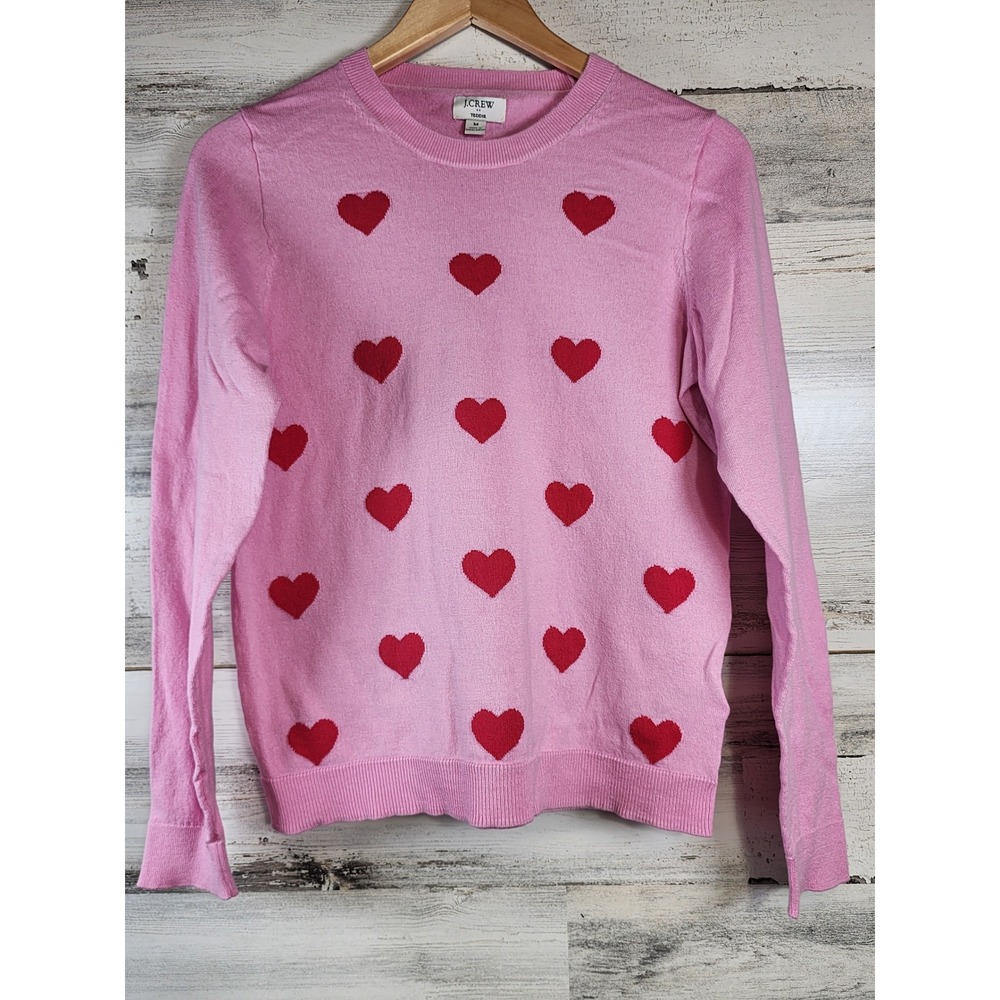 J.Crew Teddie Sweater Womens Medium Pink Red Heart Print Crewneck Pullover